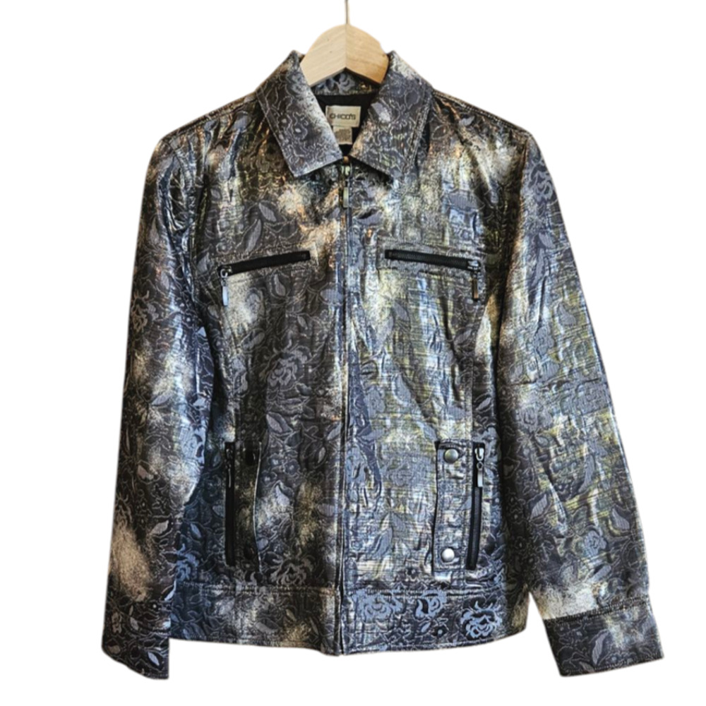 Chico's Metallic Floral Moto Zip Up Lightweight Jacket Gold Women Size 2 (Large)